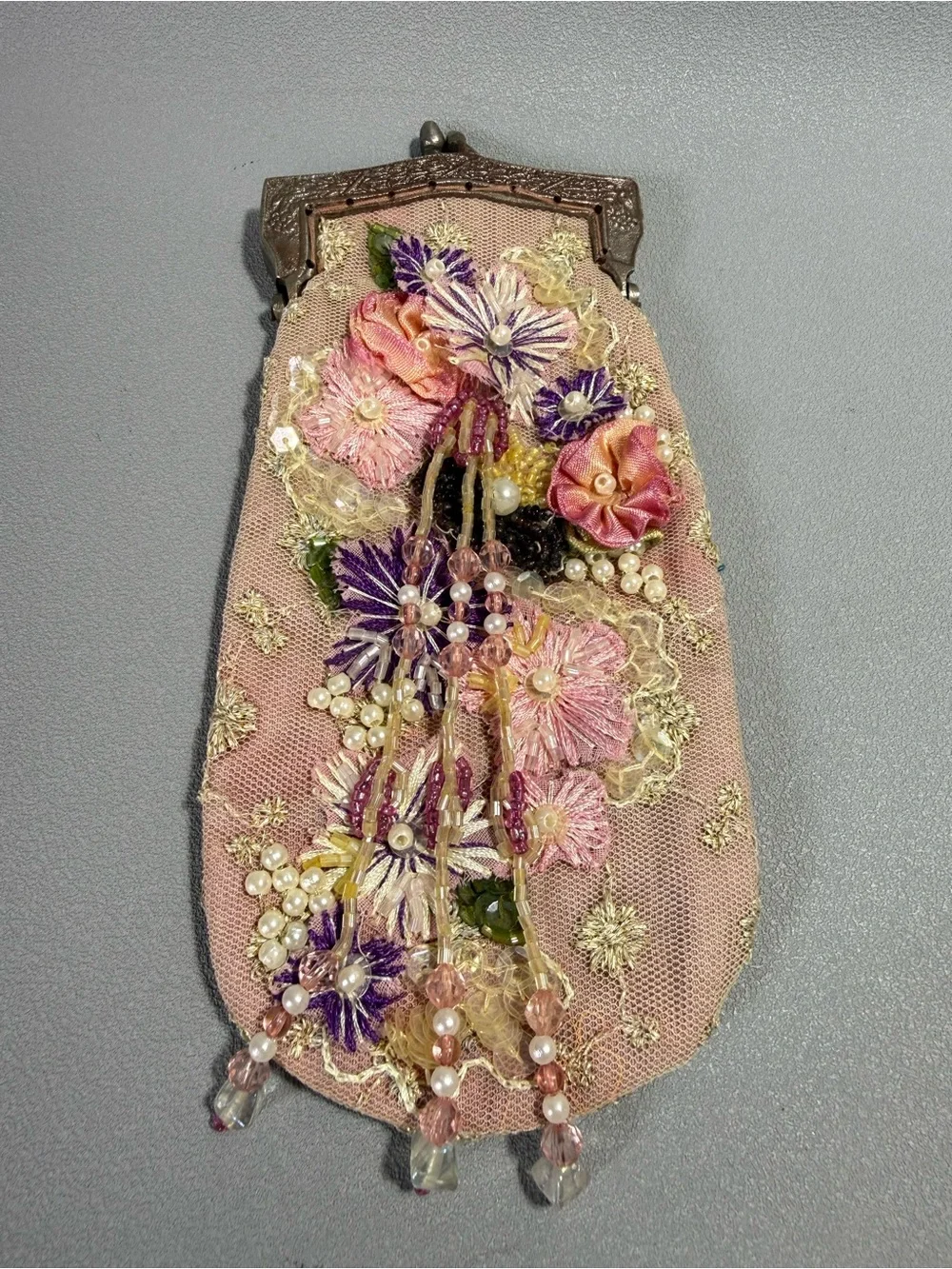 Wayne M Kleski Vintage Pink Silk & Mesh Floral Embroidered Beaded Clutch